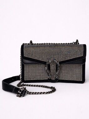 Black Rhinestone Studded Chain Strap Shoulder Bag Dionysus Style Crossbody